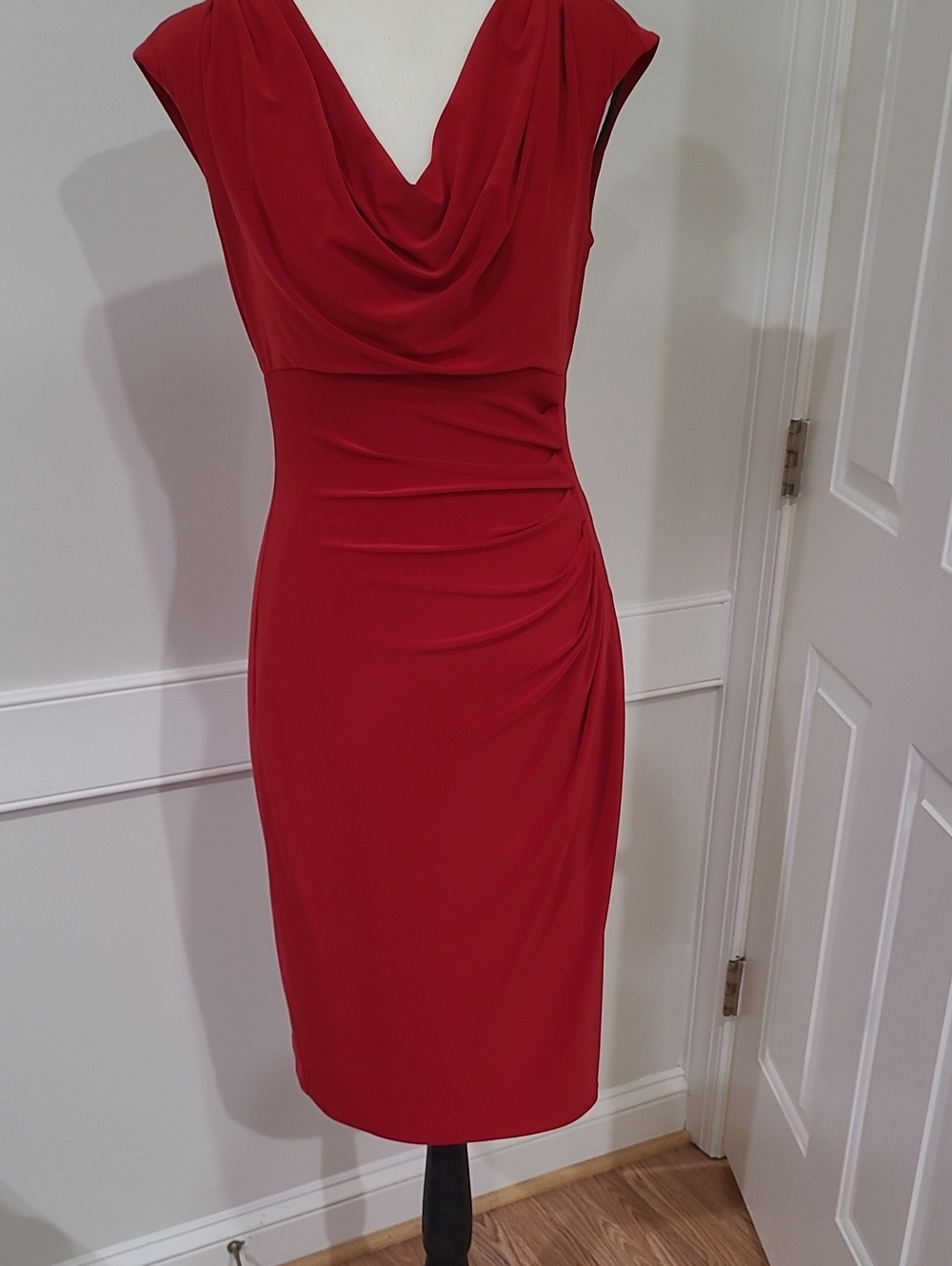 Lauren Ralph Lauren Red Matte Jersey Cocktail Cowl Neck Sheath Dress - Size 6